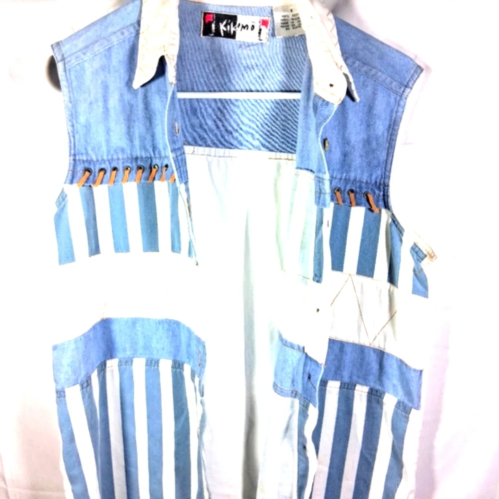 Women's Small Kikomo Vintage Western Boho Blue and White Striped Sleeveless Top - Picture 4 of 10